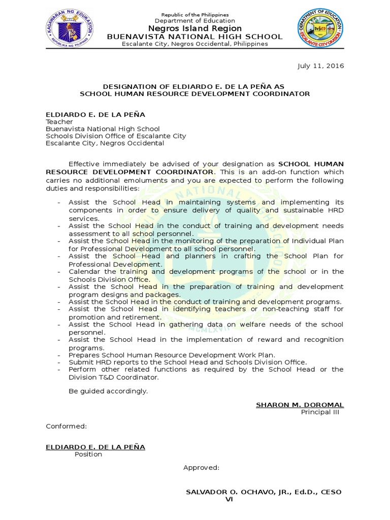Designation of HRD Coordinator at BNHS | PDF
