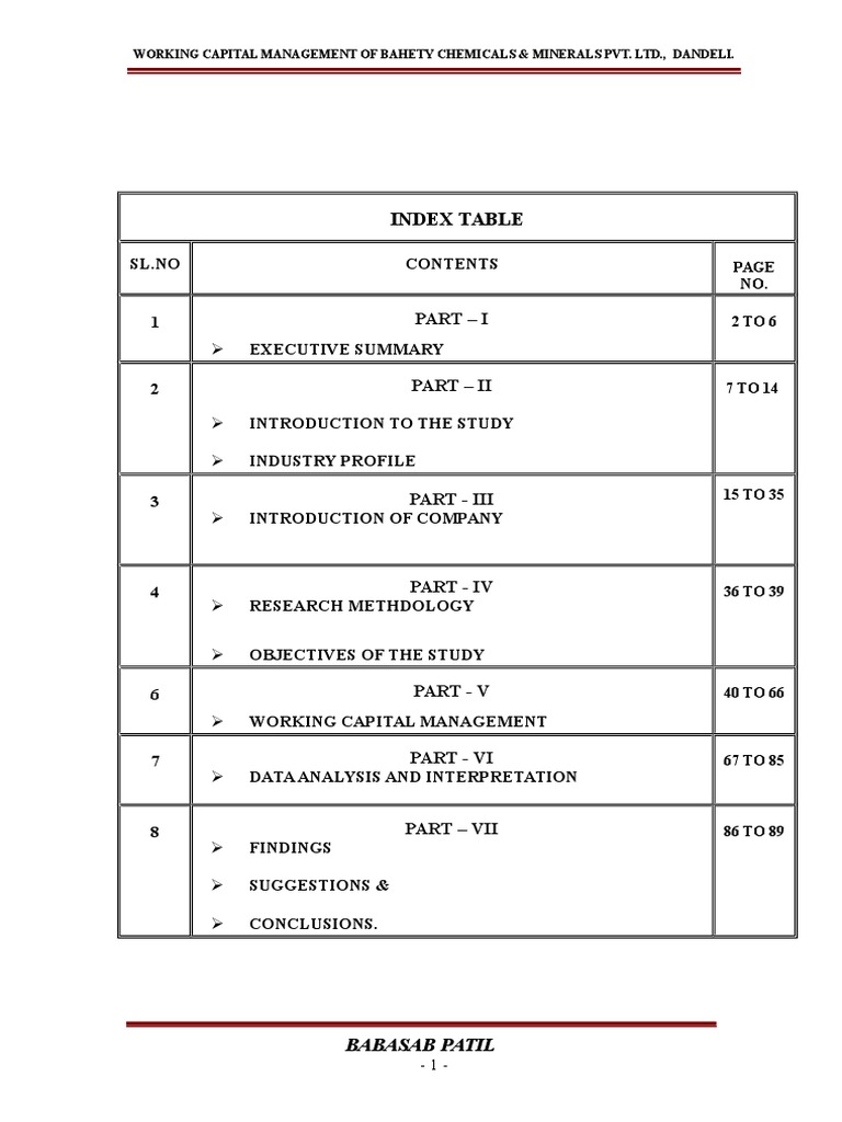 Index Table: Part - I | PDF | Chemical Compounds | Working Capital