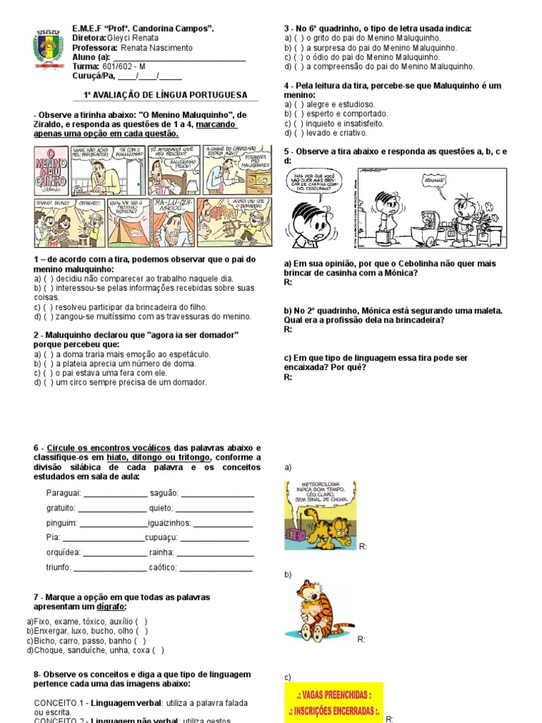 Avaliação de Língua Portuguesa 601/602 | PDF | Artes Linguísticas e ...