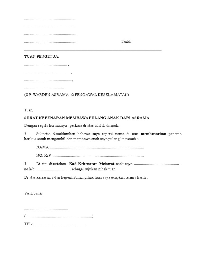 Contoh Surat Kebenaran Bawa Anak Pulang Asrama