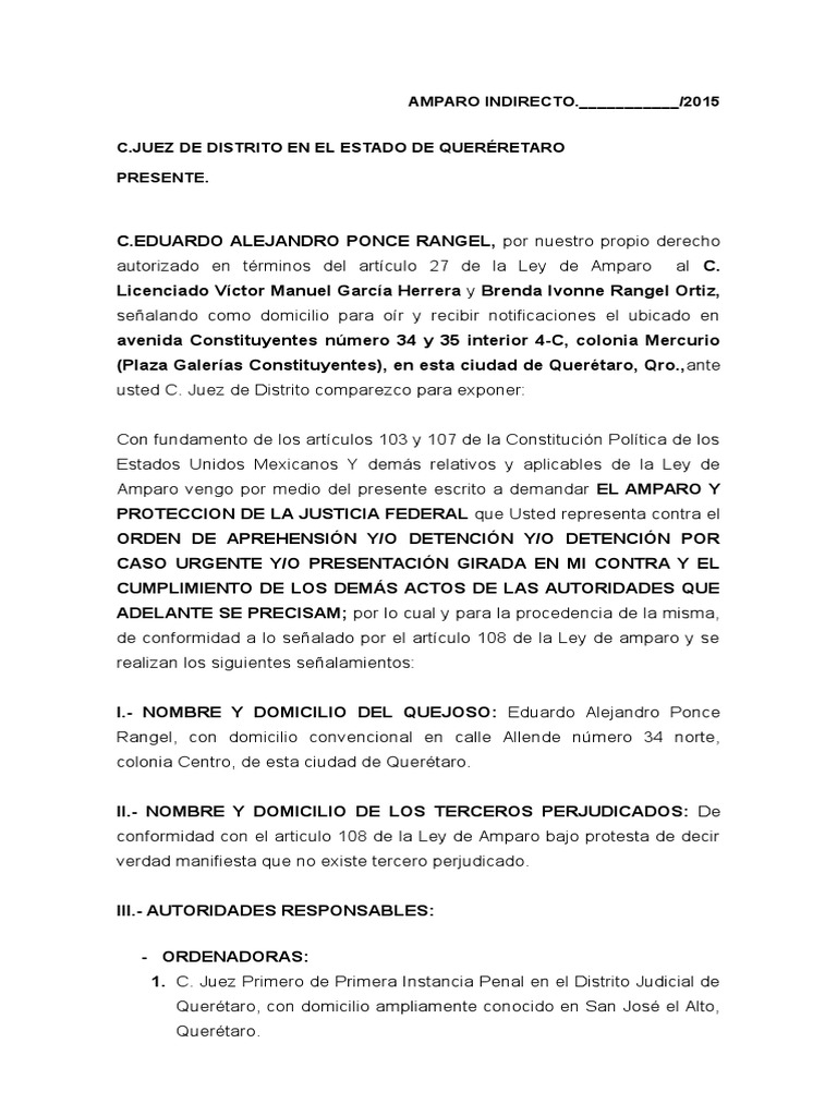 Amparo Indirecto contra Orden de Aprehensión | PDF | Violación ...