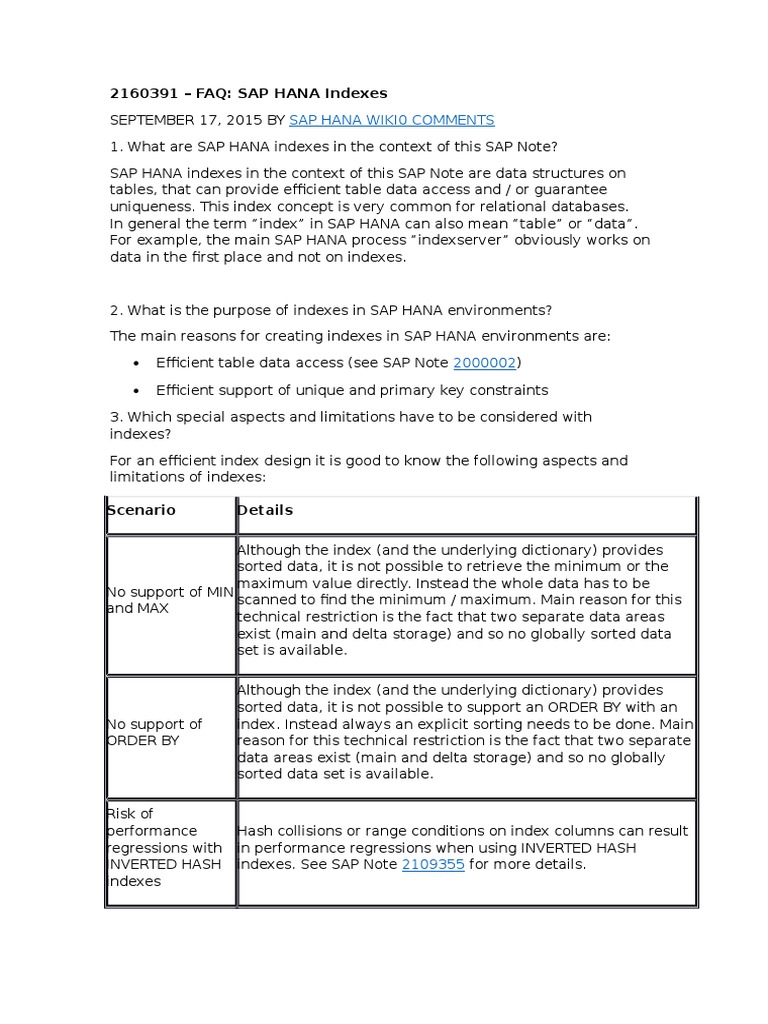 Indexes Best Practices For SAP HANA PDF Database Index Sql