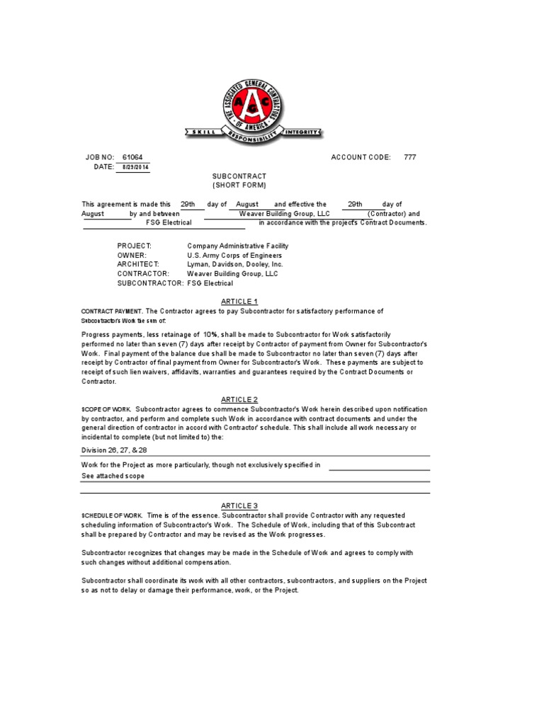 Agc shortform subcontractor agreement form pdf indemnity general