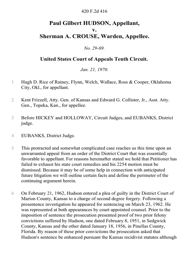 Paul Gilbert Hudson v. Sherman A. Crouse, Warden, 420 F.2d 416, 10th
