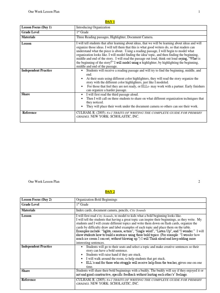 One Week Lesson Plan PDF Lesson Plan Reading (Process)