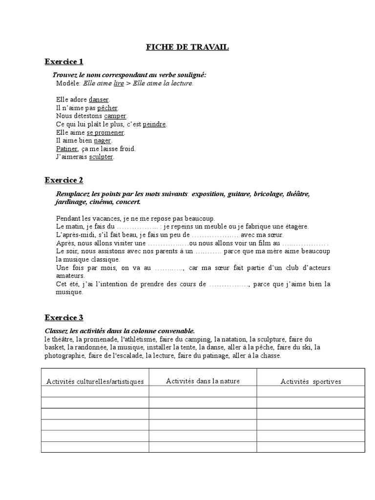 Activités et Loisirs: Exercices Pratiques | PDF