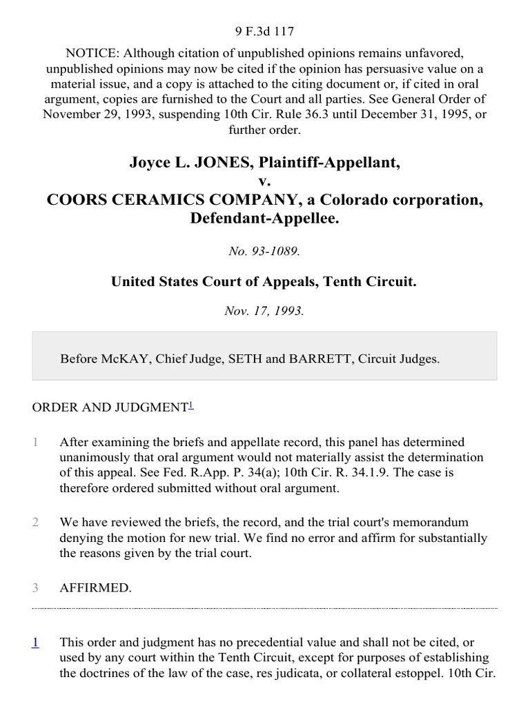 Joyce L. Jones v. Coors Ceramics Company, A Colorado Corporation, 9 F