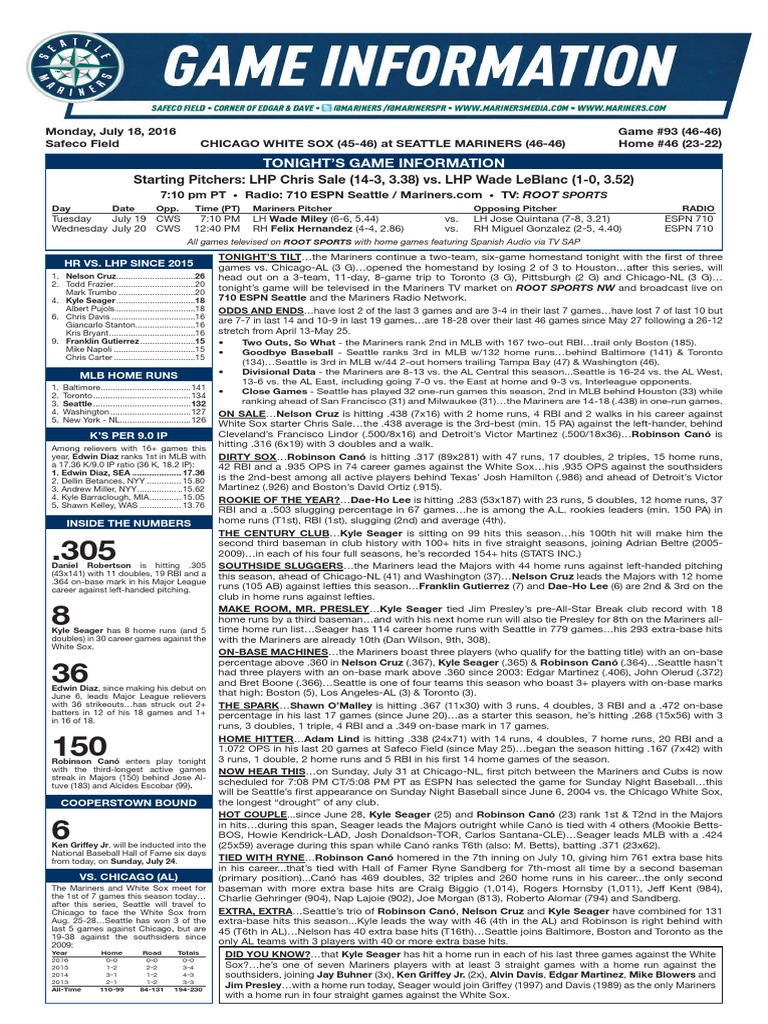 07.18.16 Game Notes PDF | PDF | Home Run | Major League Baseball