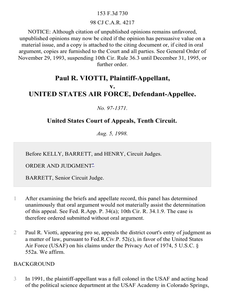 Viotti v. USAF: Privacy Act Appeal | PDF | Precedent | Standard Of Review