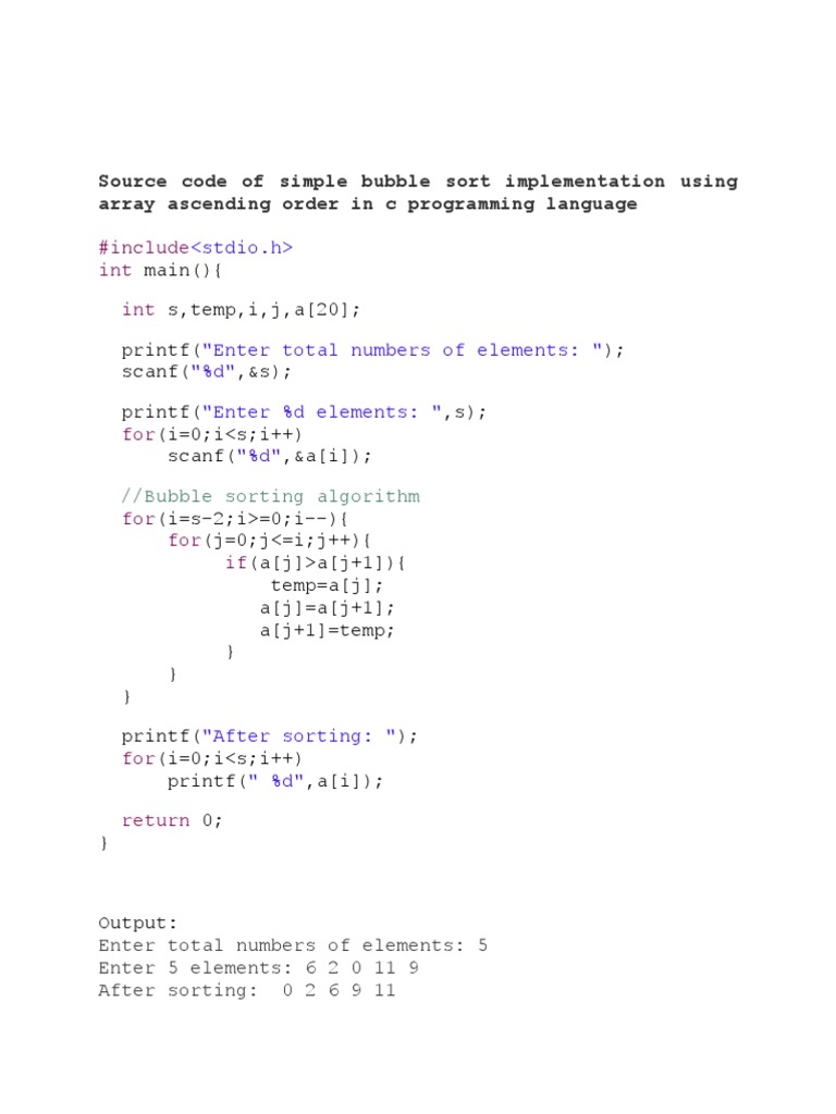 Source Code of Simple Bubble Sort Implementation Using Array Ascending ...