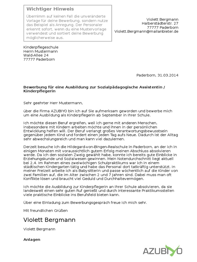 Bewerbungsanschreiben Sozialpaedagogische Assistentin Kinderpflegerin Docx