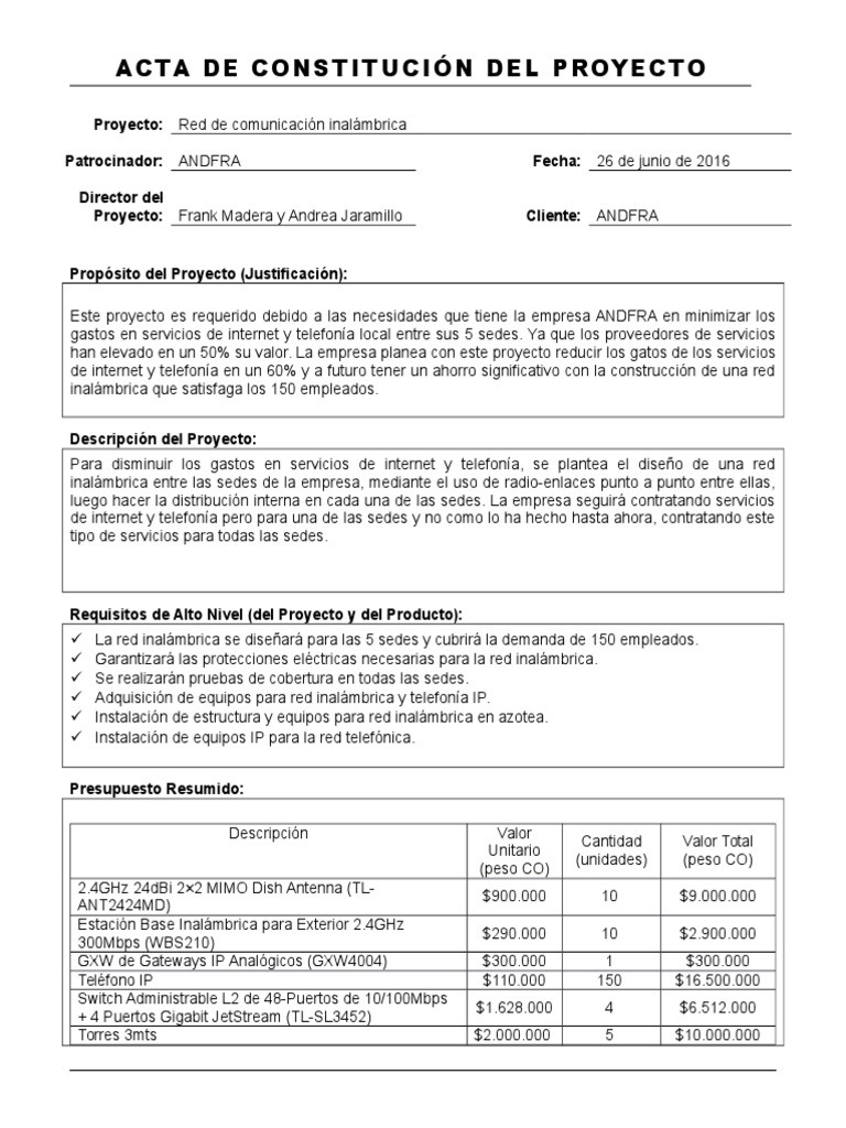 Acta Constitución Del Proyecto | PDF | Internet | Presupuesto