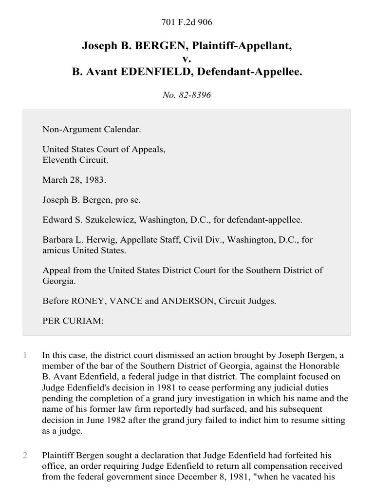 Joseph B. Bergen v. B. Avant Edenfield, 701 F.2d 906, 11th Cir. (1983) PDF Standing (Law