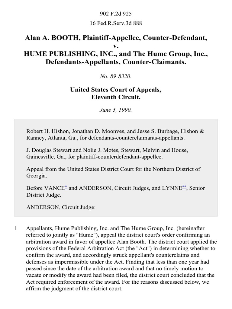 Alan A. Booth, CounterDefendant v. Hume Publishing, Inc., and the Hume