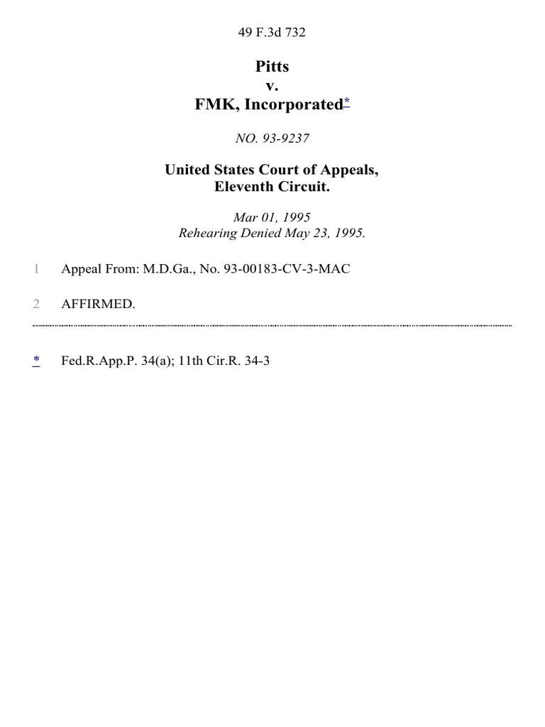 Pitts v. FMK, Incorporated, 49 F.3d 732, 11th Cir. (1995) PDF