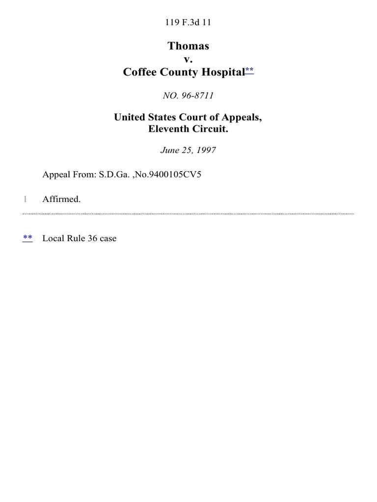 Thomas v. Coffee County Hospital, 119 F.3d 11, 11th Cir. (1997) PDF