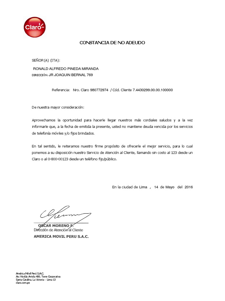 Constancia de No Adeudo CLARO