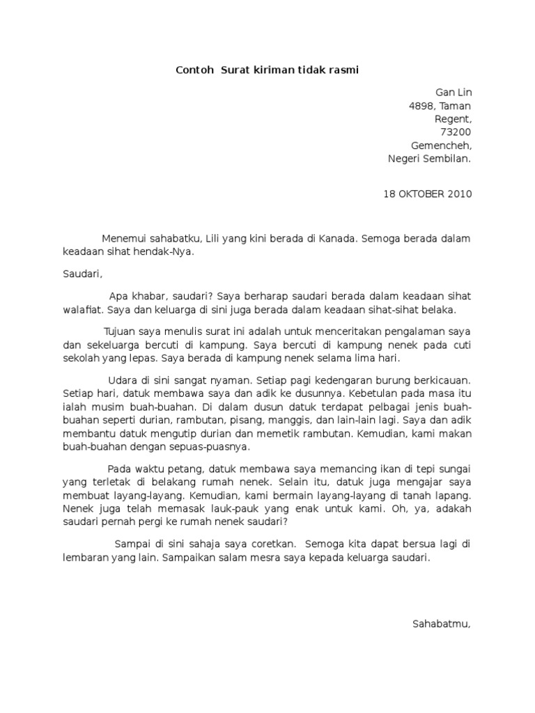 Karangan Pengalaman Semasa Cuti Sekolah Surat Kiriman Tidak Rasmi