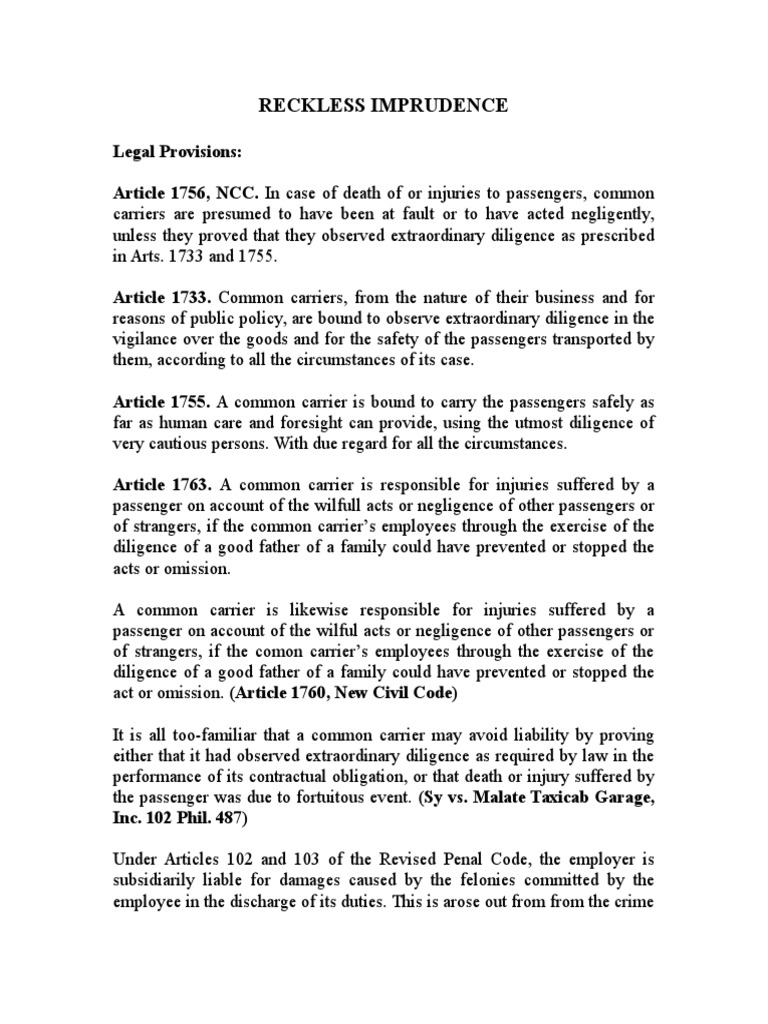 Reckless Imprudence Negligence Common Carrier