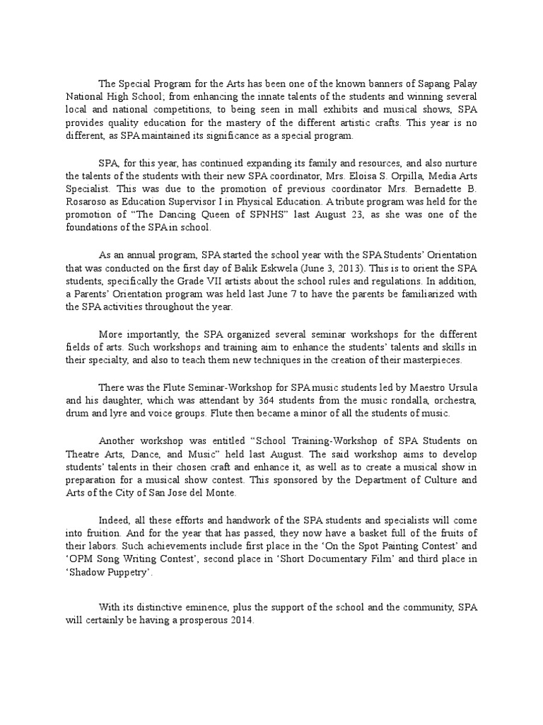 Achievements of SPA at SPNHS 2014 | PDF | Leisure | Sports