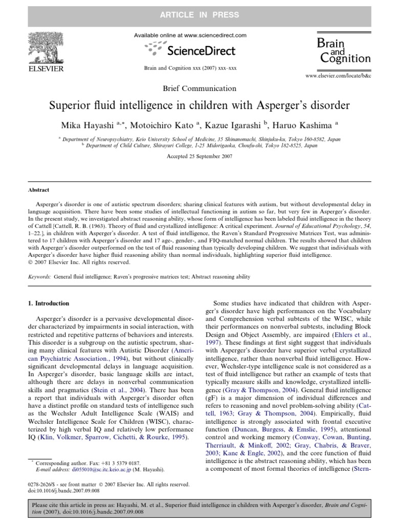 Superior Fluid Intelligence in Asperger's | PDF | Wellness | Science ...