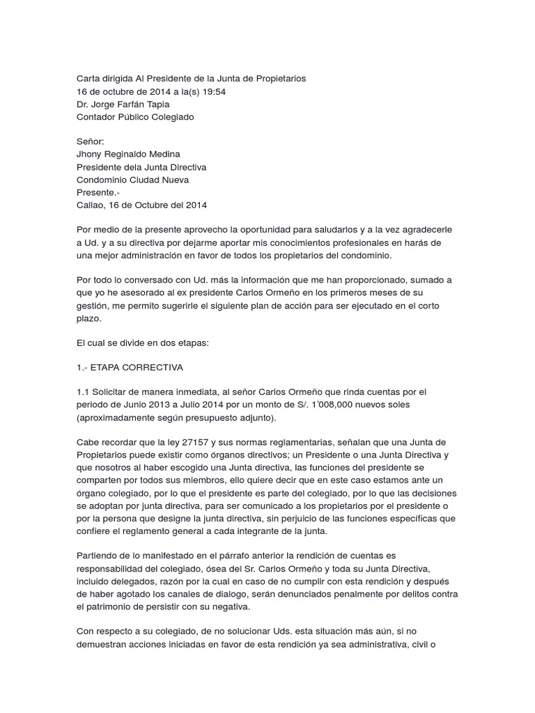 Carta Dirigida Al Presidente de La Junta de Propietarios, Escrito | PDF |  Condominio | Costa Rica