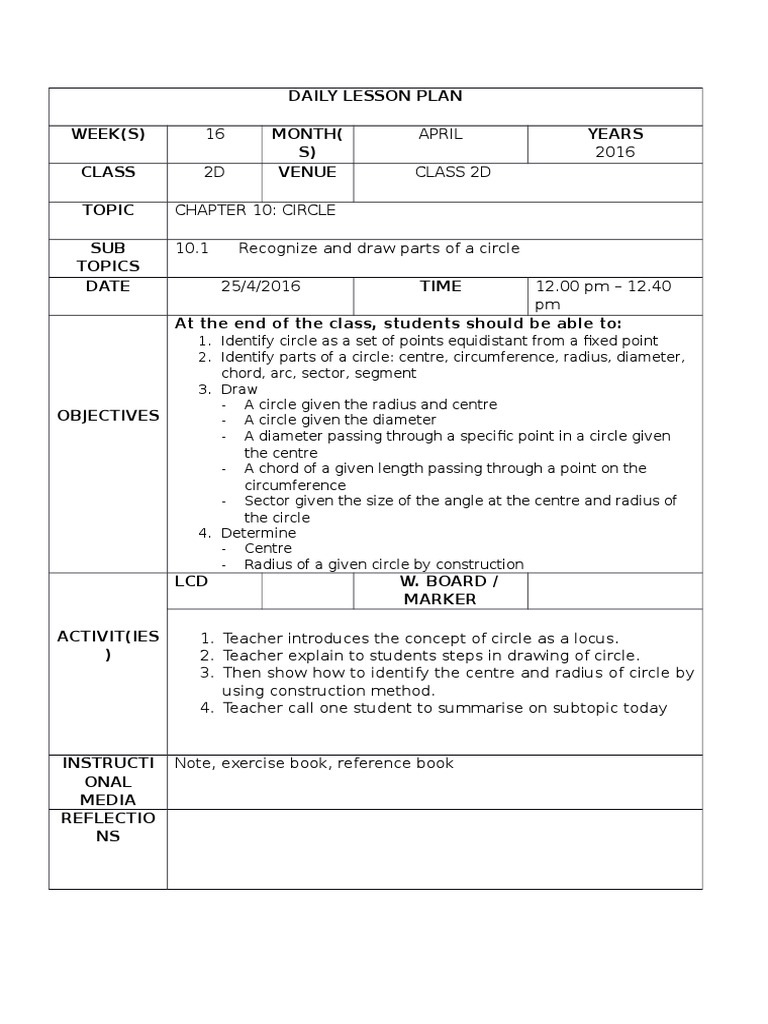 LESSON PLAN: Topic 10 Circles | PDF | Circle | Lesson Plan
