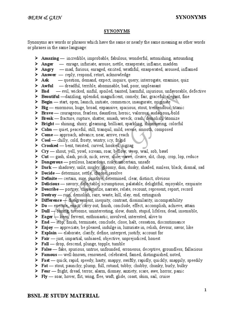 A Comprehensive Collection of Synonyms to Expand One's Vocabulary PDF