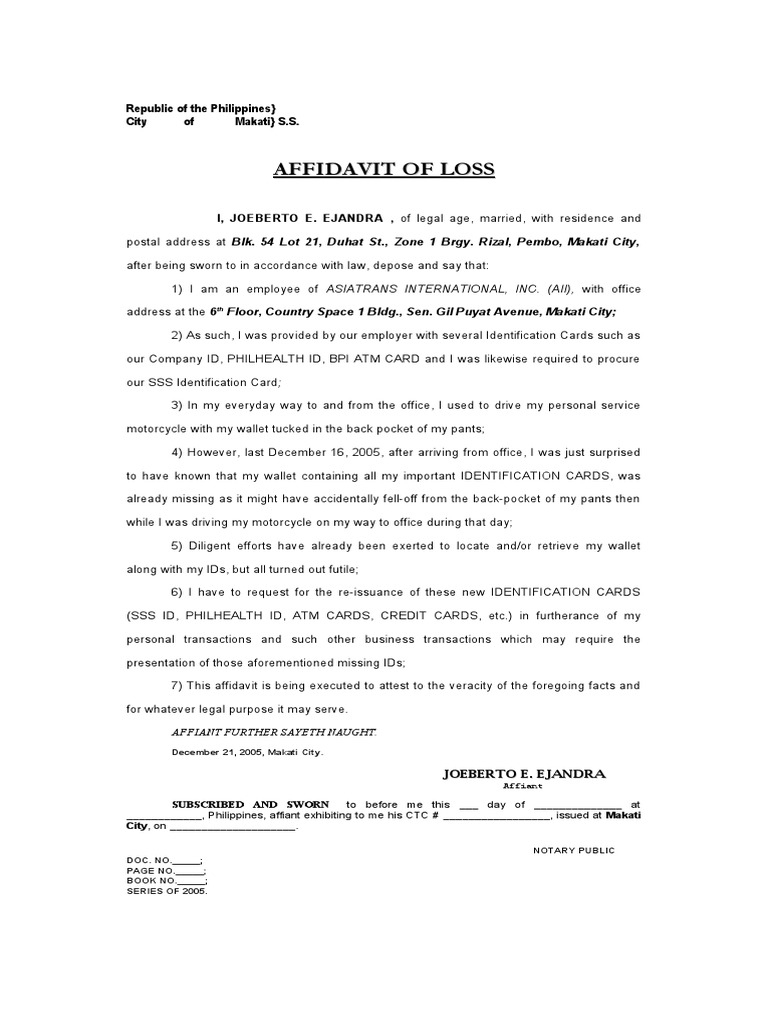 Sample Affidavit of Lost SSS ID Identity Document Affidavit
