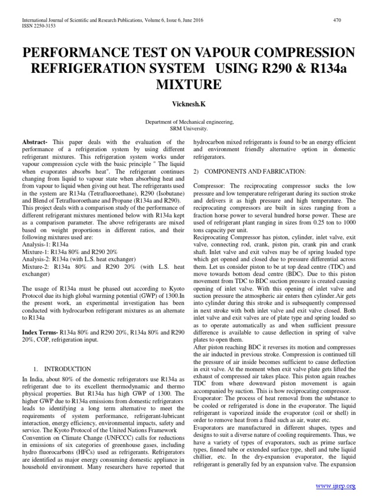 PERFORMANCE TEST ON VAPOUR COMPRESSION REFRIGERATION SYSTEM USING R290 ...