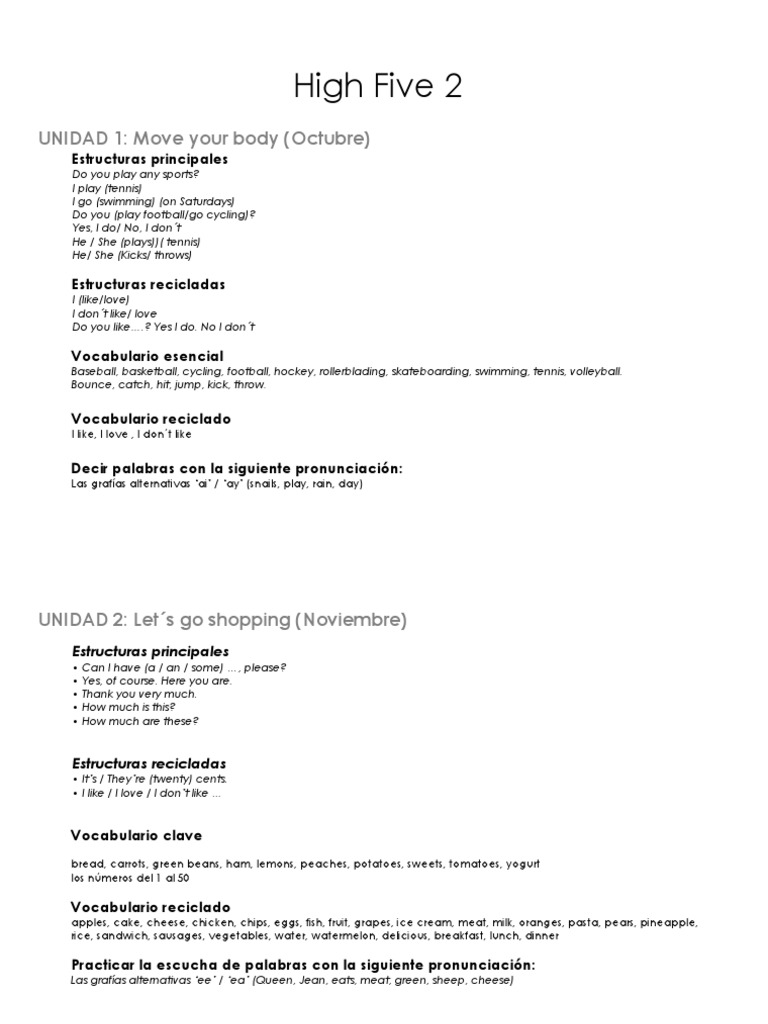 High Five 2: English Learning Units | PDF | Food And Drink | Foods