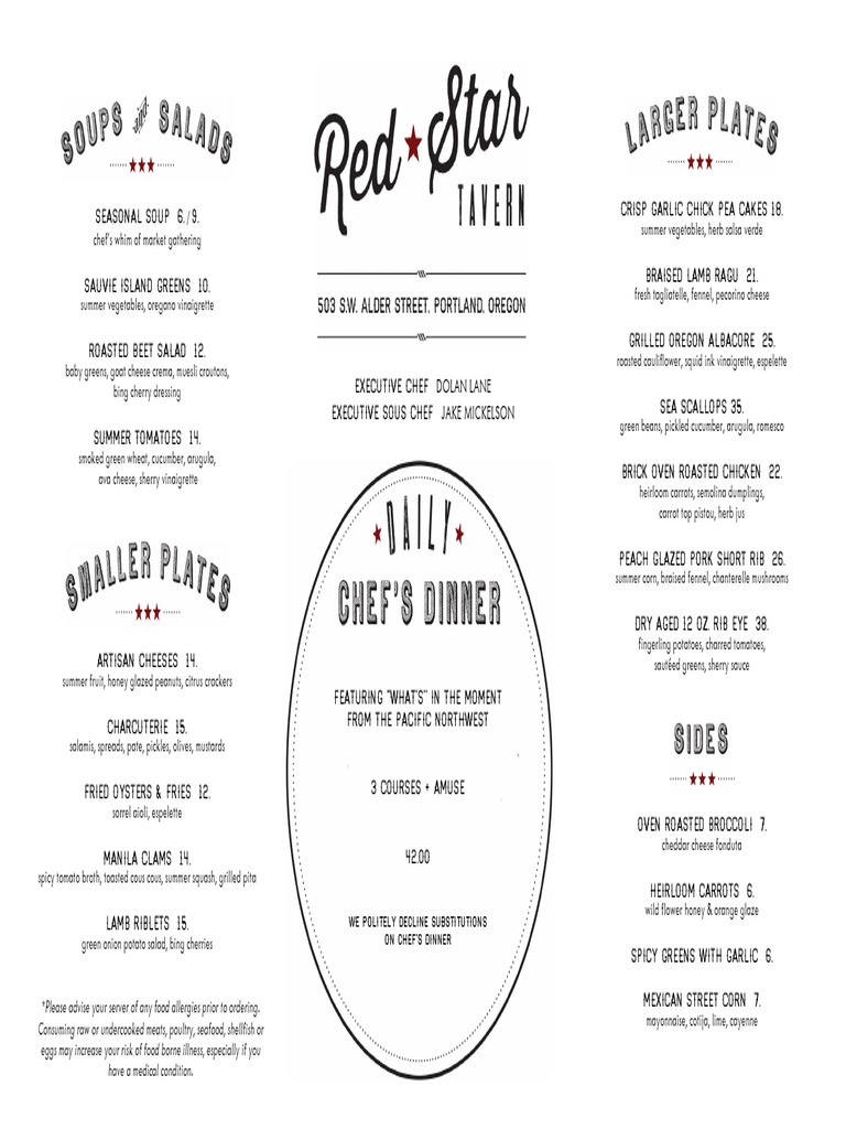 Red Star Tavern Dinner Menu, 7.18.2016 | PDF