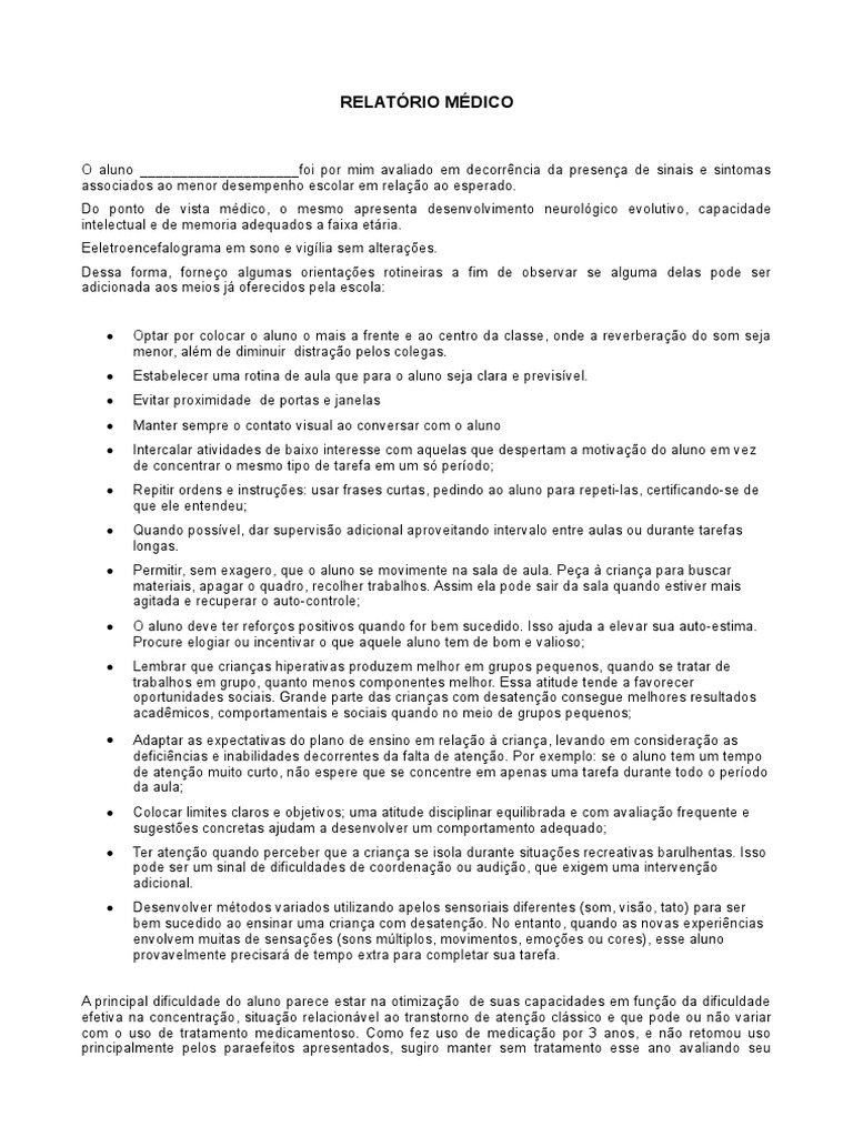 Exemplo De Relatorio De Aluno Para Psicologo