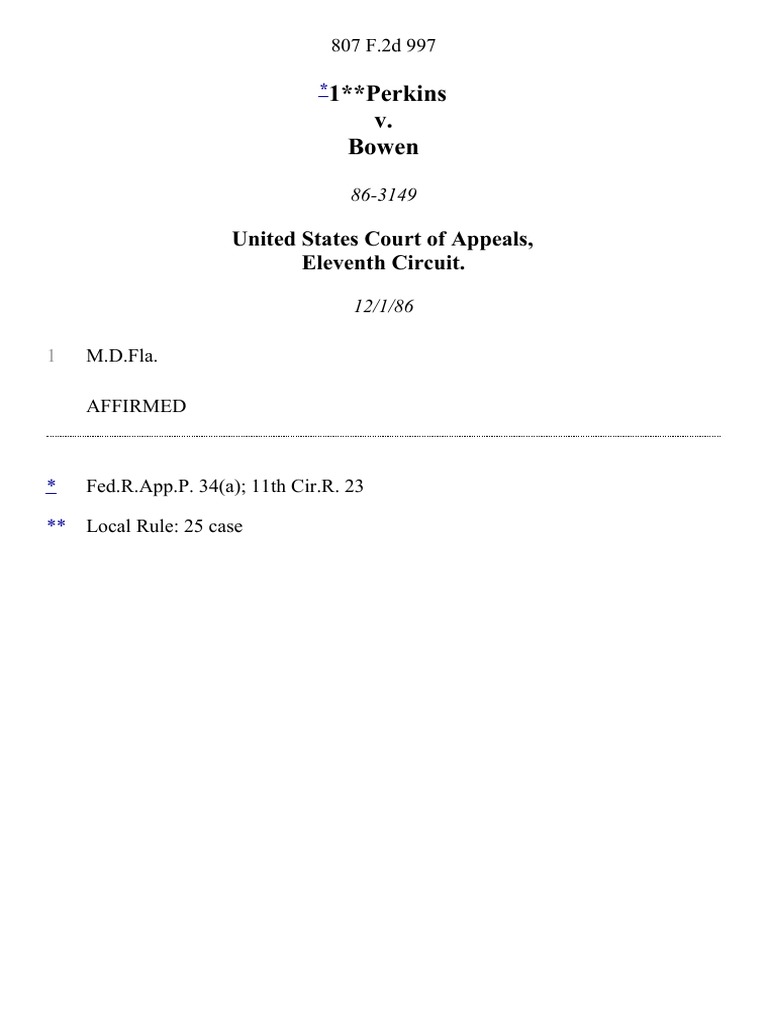 1 Perkins v. Bowen United States Court of Appeals, Eleventh Circuit PDF