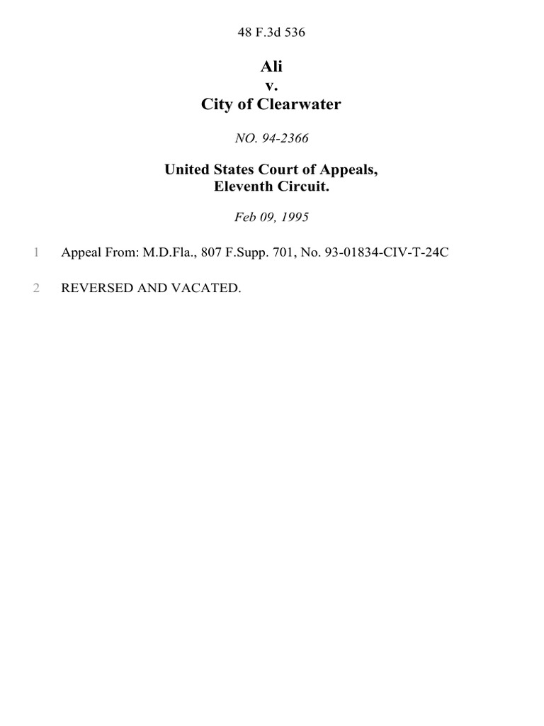 Ali v. City of Clearwater, 48 F.3d 536, 11th Cir. (1995) | PDF | Law ...