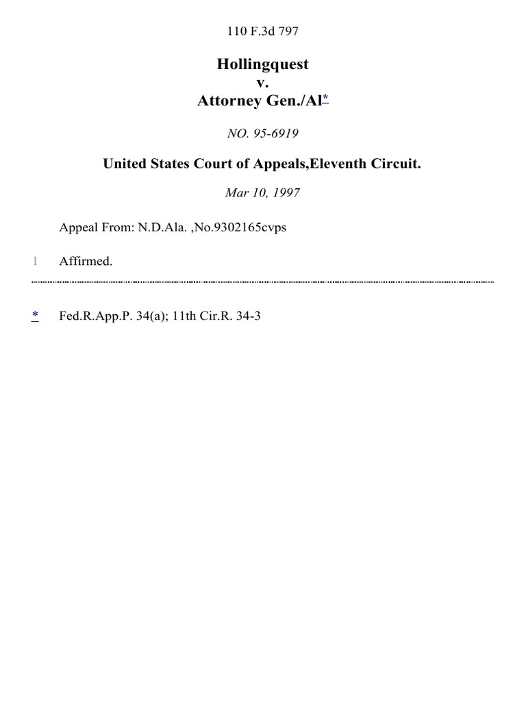 Hollingquest v. Attorney Gen./al, 110 F.3d 797, 11th Cir. (1997) PDF
