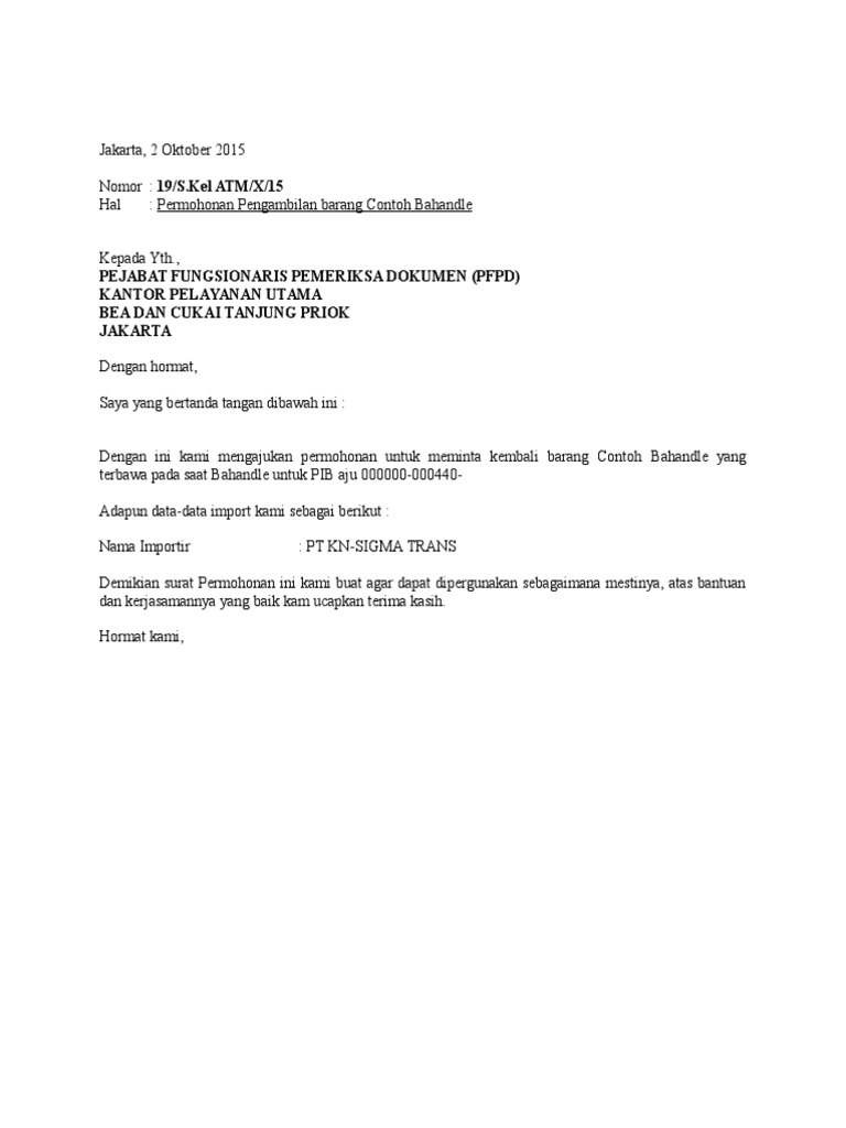 Surat Pengambilan Barang Contoh | PDF