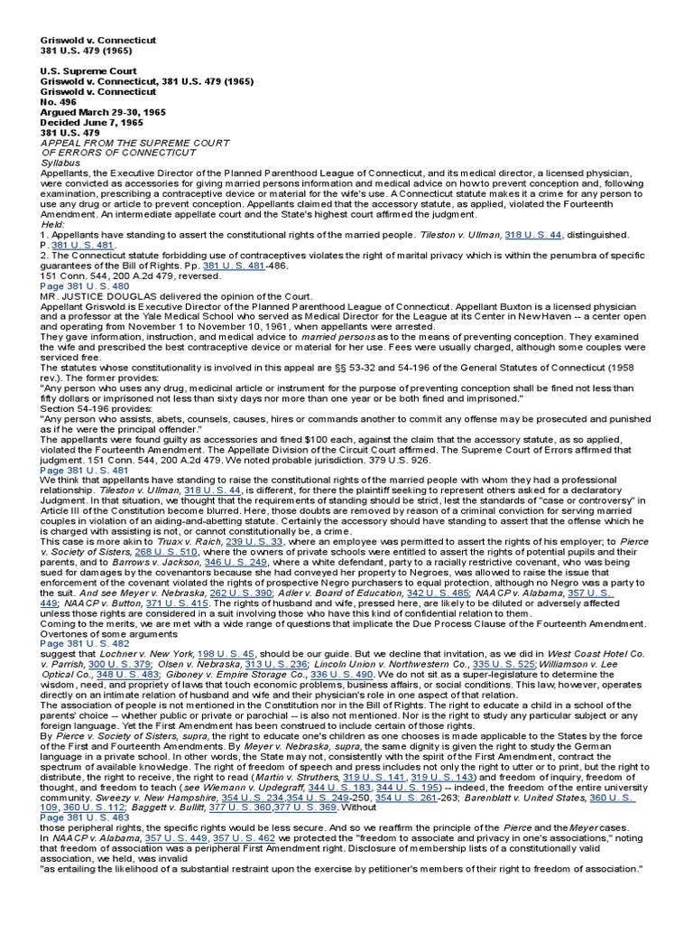 Griswold Vs Connecticut PDF Griswold V. Connecticut Fourteenth