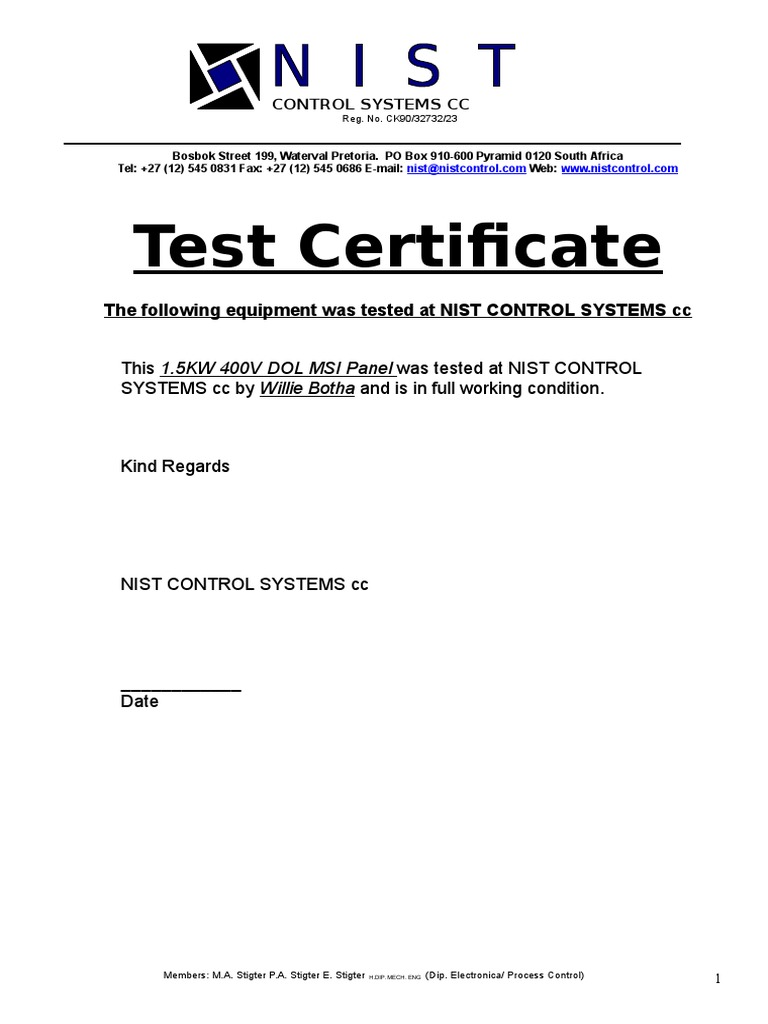 Test Certificate: The Following Equipment Was Tested at NIST CONTROL ...