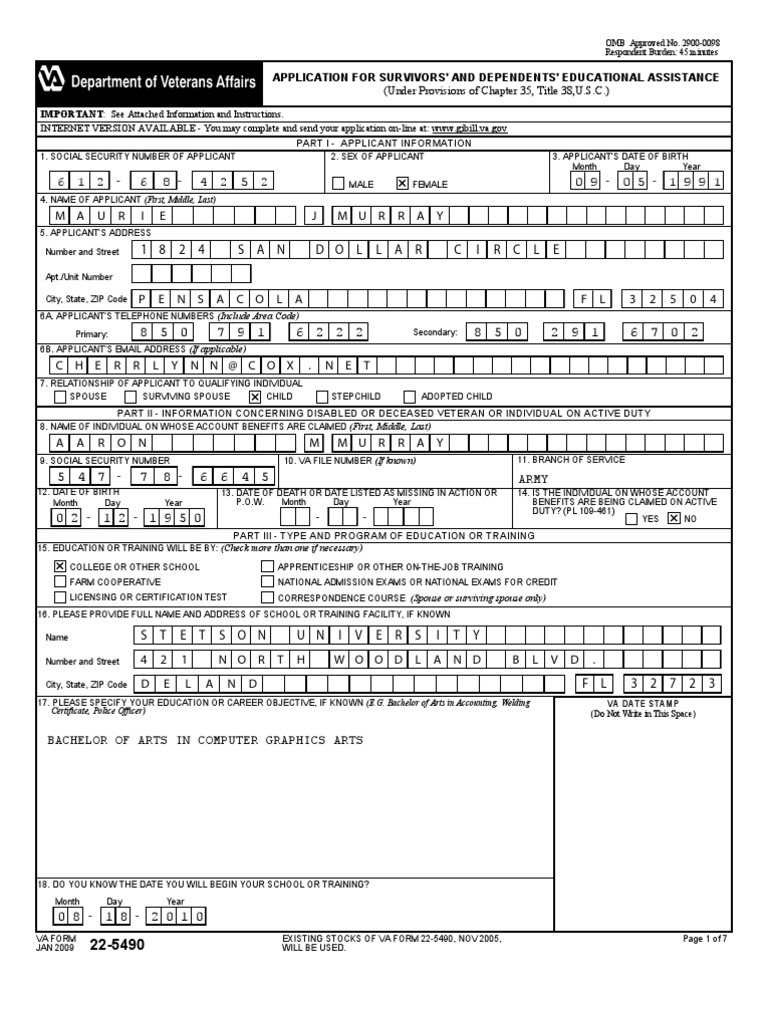 VA Form 22-5490: Educational Assistance Application | PDF | United ...