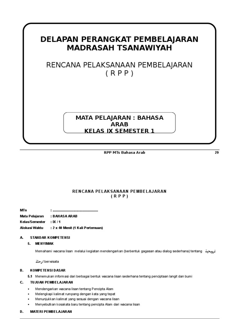 RPP Bahasa Arab MTs Kelas 9 Semester 1