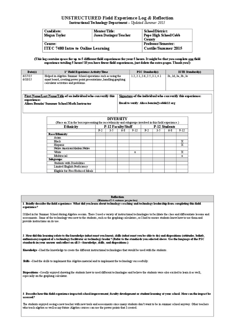 unstructured field experience log summer 2015 74801 Race And