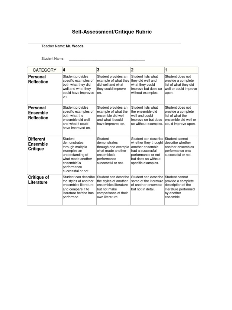 Self Assessment Critique Rubric