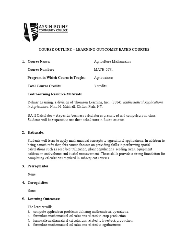 Agriculture Mathematics Course Outline | PDF | Teaching Mathematics ...