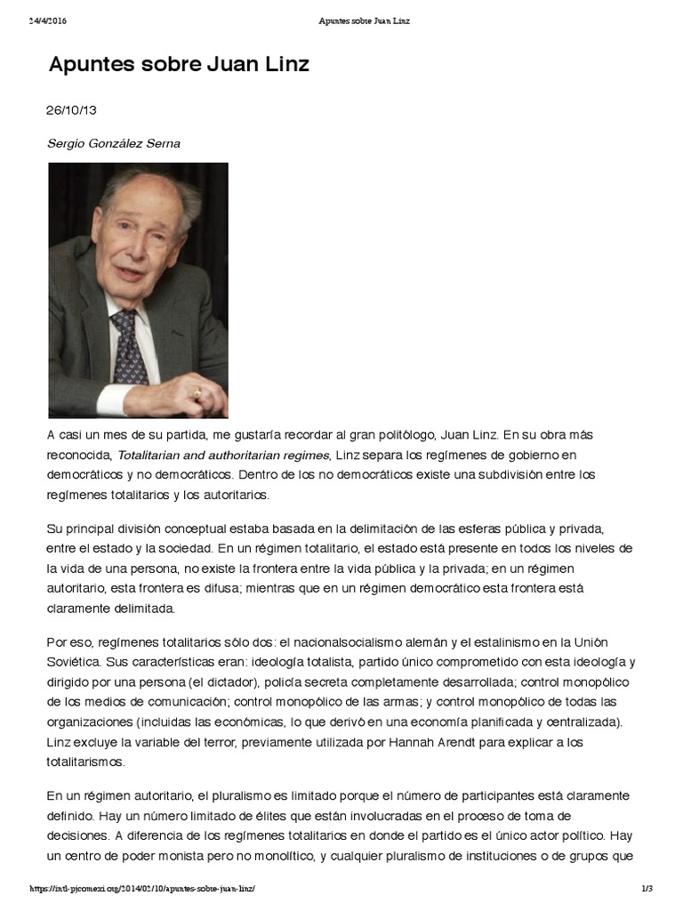 Juan Linz: Autoritarismo y Totalitarismo | PDF | Totalitarismo ...