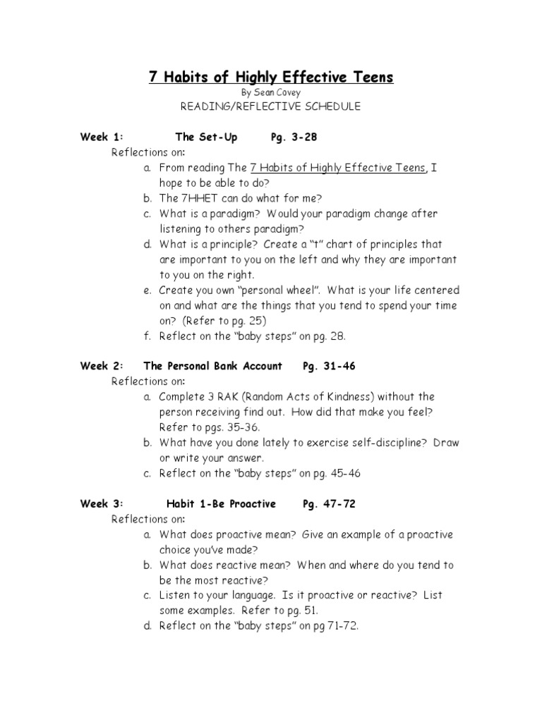 Weekly 7 Habits Of Highly Effective Teens Semester Reading Thought Soul