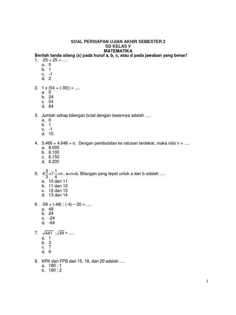 Soal Matematika Kelas V Sd Persiapan Ujian Akhir Semester 2