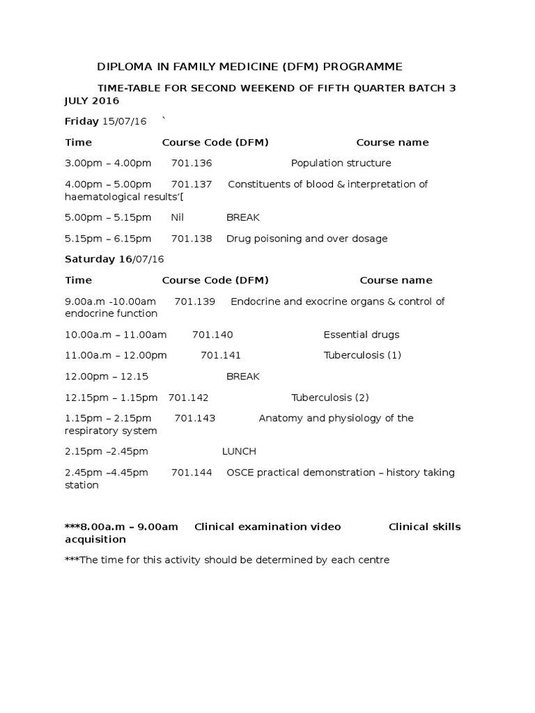 DFM Time-Table With Suggested Course Code For Second Weekend of Fifth ...