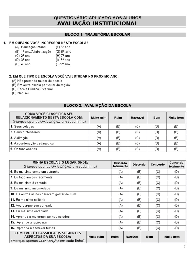 Questionário de Avaliação Escolar | PDF | Escolas