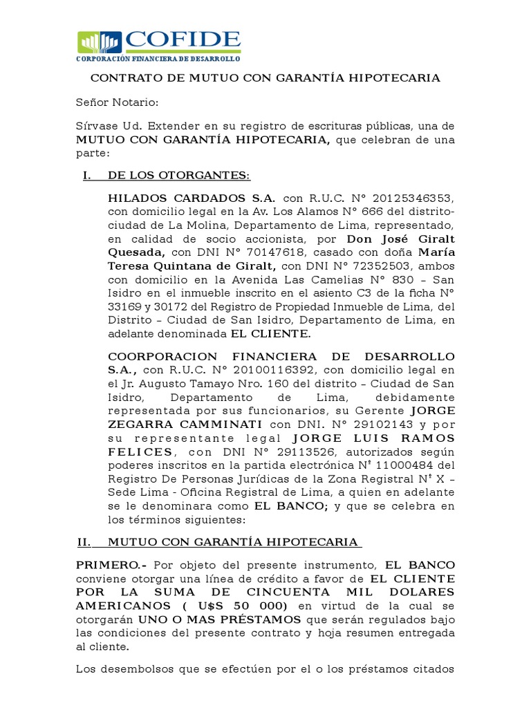 Contrato de Mutuo Con Garantia Hipotecaria COFIDE Seguro Bancos Free 30day Trial Scribd